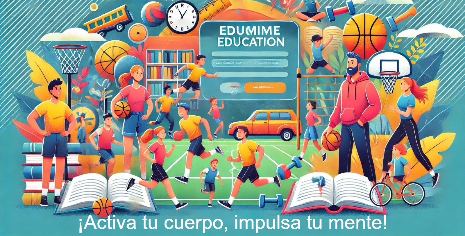 La imagen es un banner educativo y dinámico que representa un entorno de Educación Física. 